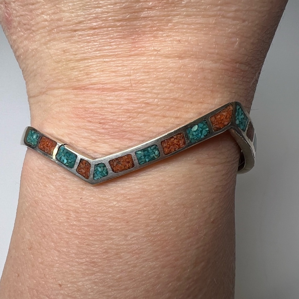 Turquoise & Coral Sterling Silver 925 Cuff Bracelet